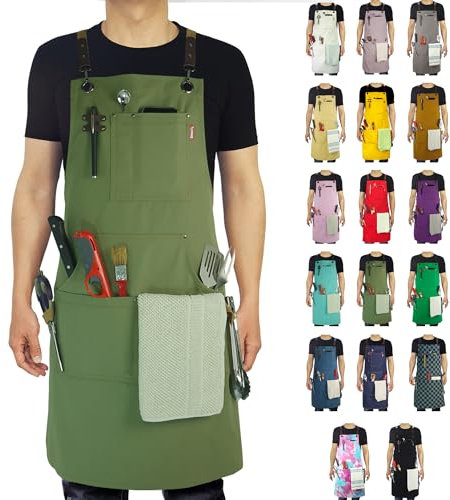 Stenffy Tablier de cuisine, tablier de travail, toile, plusieurs poches, jardinage, peinture, barbecue, artiste, charpentier, tailles M à XXL, olive