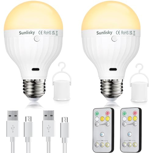 Sunlisky USB Rechargeable Light Bulb with Remote Control, 7W E27 Battery Powered Light Bulbs 3 Color Temperature Dimmable LED Bulb with Timing Function, Outdoor Emergency Light Bulb with Hook (2pcs)
