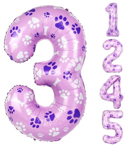 40 Inch Pink Dog Paw Balloons, Numeral 3 Birthday Balloons for Girls Boys Pink Dog Paw Print Themed Birthday Party Decorations (Number 3)