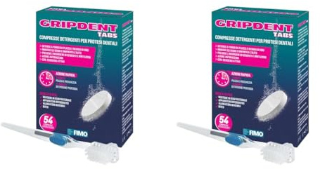 Gripdent Tabs 54 - Compresse disinfettanti + spazzolino puliscidentiera - Disinfetta e sbianca dentiere, bites, paradenti, apparecchi ortodontici e dispositivi per l'apnea notturna (Confezione da 2)