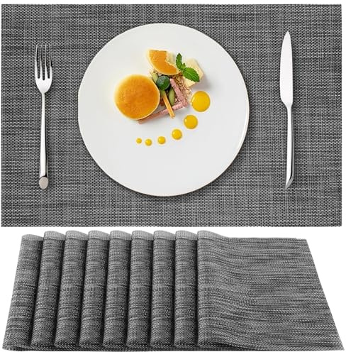 GBACHOOSE 10er Set Tischsets Abwaschbar 45×30 cm, Platzdeckchen Grau, Platzsets PVC, Placemat Set, Tischunterlage für Küche, Restaurant, Hotel