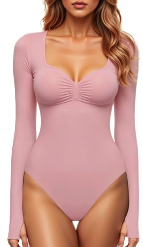 GJY Dam fyrkantig V-hals bodysuit sexig topp mode långärmad utomhus stretch toppar bodysuit kostym, Söt rosa, L