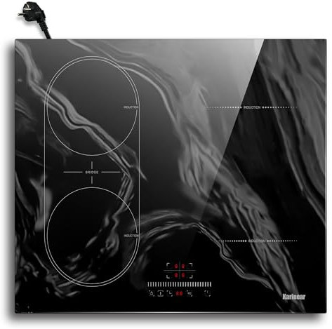 Karinear Placa Inducción 4 Fuegos Mármol Con Enchufe, Zonas Flexible, 60 Cm, Montaje Con Control Táctil, Temporizador, Protección Infantil, Apagado Automático, 3500 W, 220-240 V
