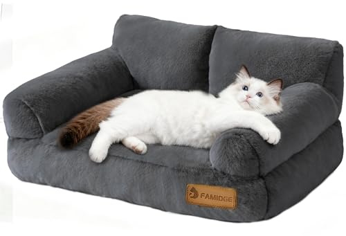 FAMIDGE Cat Couch Bed - Cat Bed for Indoor Cats, Calming Pet Sofa Puppy Sleeping Bed with Removable Washable Cover, Cute Dog Couch and Kitty Lounge Chair for 12lbs Cats & Small Dogs(Dark Grey)