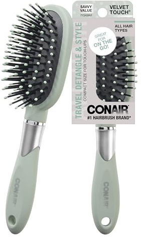 Conair Velvet Touch oval cushion hair brush - Travel Hairbrush- Detangling - ideal for curly or straight styles - detangler brushes - women or men - Sage Green