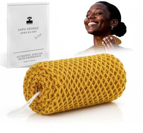 Esponja Africana Auténtica desde Ghana, Esponja corporal exfoliante de ducha y baño con cordón para colgar, red exfoliante malla africana larga cuerpo y espalda por piel más suave (Amarillo Oro)