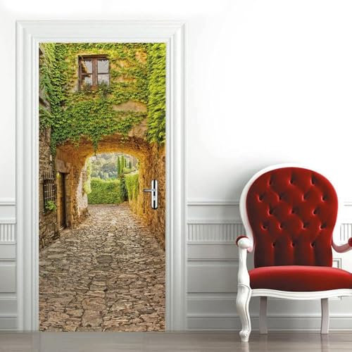 Tizhweqo Stickers Porte Trompe L'oeil Lierre Rue Papier Peint Autocollant Porte Pour Chambre Salon Décoration Stickers Muraux Sticker Porte 77x200 cm b658