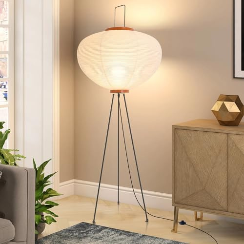 Floor lamp Paper,Tripod Floor Lamp,Rice Paper Japanese Lamps,Tall Lamps for Living Room,Home Office Decorative,Standing Light Bedroom,Black Tripod Stand,E27 Base Holder,Off White Lampshade,Foot Switch