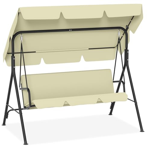 HENGMEI Hollywoodschaukel Gartenschaukel 3-Sitzer Gartenliege Schaukelbank Metall Garten Schaukel mit Verstellbarem Sonnendach Hängeschaukel mit Liegefunktion(193x110x152cm, Beige)