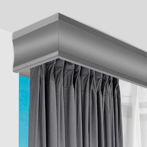 Grauer Deckenvorhang, Querbehang mit Doppelschienen und Metallstange, individuelle Länge, Vorhangstangensystem