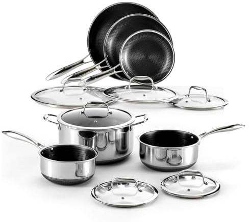 HexPro 13-Piece Stainless Steel Hybrid Cookware Set – Tri-Ply Nonstick Frypans, Milk Pots, Soup Pot & Lids – Stay-Cool Handles – Scratch-Resistant, Dishwasher, Oven & Induction Safe.