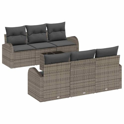 vidaXL 7-teiliges modulares Garten-Sofaset mit Kissen in Grau, aus Poly-Rattan, perfekte Außensitzmöbel für Terrasse und Balkon – modernes Lounge-Set und Lounger.