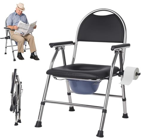Sinbide Chaise percée toilette pliable,Pot de chambre adulte,chaise de toilette antidérapante,hauteur réglable, seau amovible, siège et accoudoirs rembourrés, charge 150 kg, facile à assembler