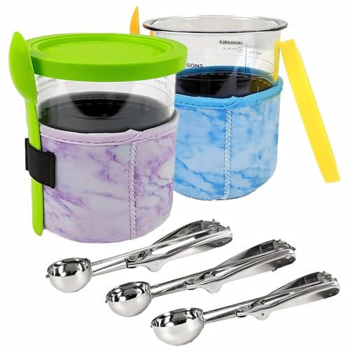 Occupaternm 2 recipientes Creami para ninja Creami Deluxe Pints, para la serie NC500 NC501, con tapas, con 2 palas, 3 cucharas de helado de acero inoxidable y 2 fundas para helado (amarillo + verde)