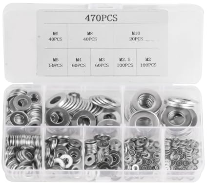 470 Pezzi Rondelle Acciaio Inox, Rondelle Piatte, Rondelle Alzaporta Rotonde per Riparazioni, Fabbrica, Viti - M2/M2.5/M3/M4/M5/M6/M8/M10