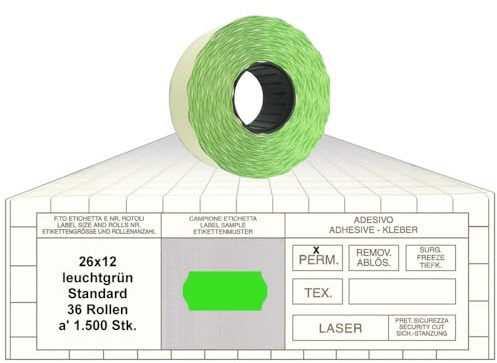 Preisauszeichner Etiketten 26x12 Standard leuchtgrün 36 Rollen permanent Preisetiketten 1-Zeilig für Smart, Tovel, Meto, Contact, Sato, Samark, Printex