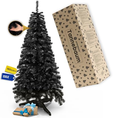 Springos Árbol de Navidad artificial de 180 cm, color negro, de lujo, denso y realista como real, incluye soporte estable y cartón, para decoración navideña