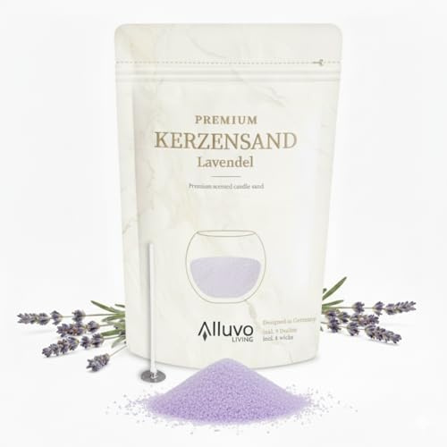 Alluvo Kerzensand Lavendel 450 g mit 8 Dochten pflanzenbasiert | Lila, rußarmes Wachsgranulat mit 8 Dochten – sicherheitsgeprüft für Windlichter und individuelle DIY-Kerzen