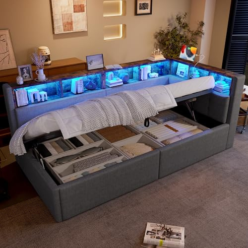 Lcoho Tagesbett, Daybett, Schlafsofa, 90 × 200 cm, USB- + Typ-C-Anschlüsse, hydraulische Aufbewahrungsfunktion, mehrere Staufächer, mit mehrfarbiger LED-Streifenbeleuchtung,Ohne Matratze, Samt (Grau)