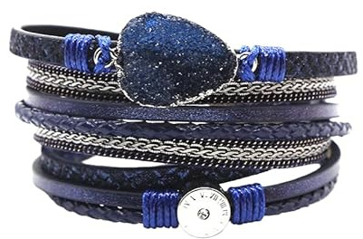 Kristall-Lederarmbänder Für Damen, Handgefertigt, Mehrlagig, Geflochtenes Leder, Wickelarmbänder Mit Magnetverschluss, Unisex, Western, Boho, Wikinger-Schmuck, Geschenke, Dunkelblau, 19,5 Cm