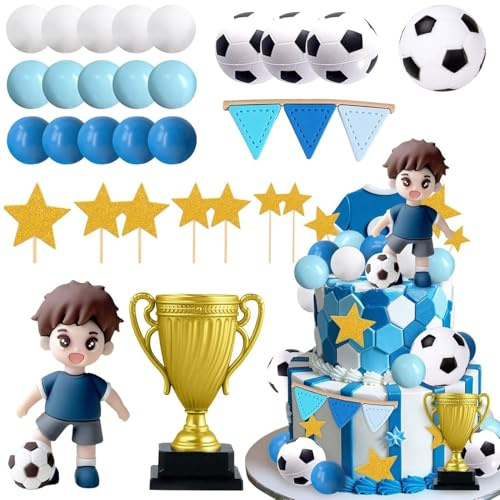 29Stk Blaue Tortendeko Fussball, Jungen Sport Fußball Thema Geburtstag Party Artikeln, Weltmeisterschaft Geburtstag Kuchen Dekoration, Sport Party Artikeln, Jungen Geburtstag