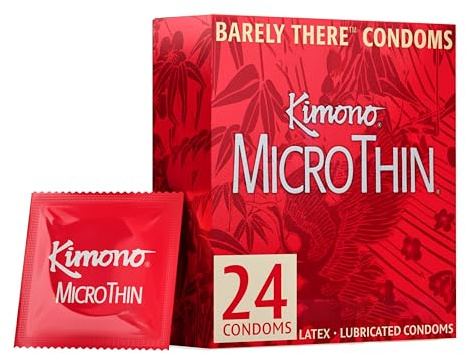 Kimono MicroThin Condoms Pack of 24 - Premium Lubricated Natural Latex, Thinnest, Vegan-Friendly, No Latex Odor - Thin, Strong, and Extra Sensitive
