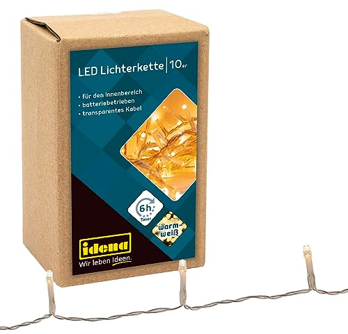 Idena 8582065 - Catena luminosa a LED con 10 LED in bianco caldo, con funzione timer 6 ore, a batteria, lunghezza circa 1 m, per uso interno, come decorazione per feste, Natale, matrimonio