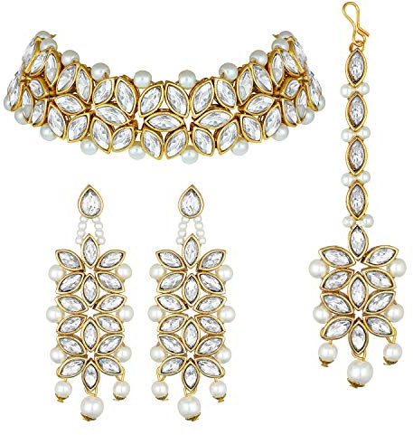 Aheli Faux Kundan Pearl White Bridal Choker Necklace with Earring Maang Tikka Indian Ethnic Traditional Bollywood Fashion Wear Jewelry Set Gift