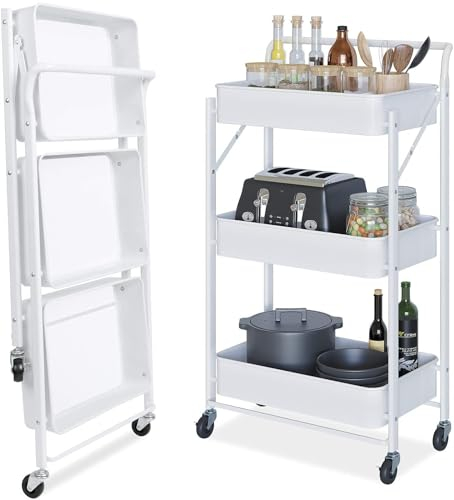 Dripex Rollwagen Metall, Faltbarer Servierwagen, Küchenwagen mit Rollen, Küchenregal mit 3 Ebenen, Allzweckwagen Keine Installation erforderlich, Weiß