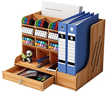 Catekro Schreibtisch Organizer aus Holz mit Schublade, Großes Fassungsvermögen, A4 Papier Dokumentensortierer, Stifthalter, Stiftebox für Zuhause, Büro und Schule(Braun)