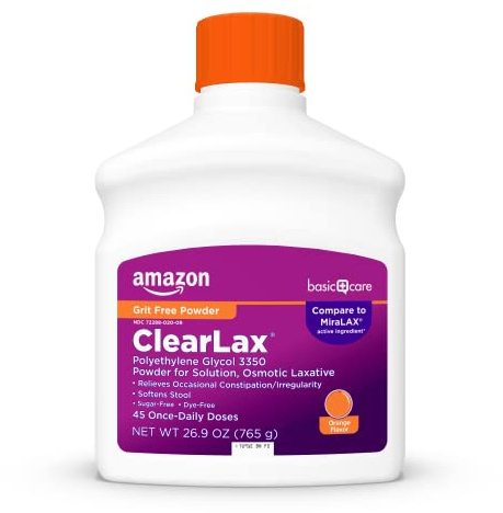 Amazon Basic Care ClearLax, Laxative Powder for Gentle Constipation Relief, Softens Stool, Polyethylene Glycol 3350, Orange Flavor, 1.68 pound (Pack of 1)