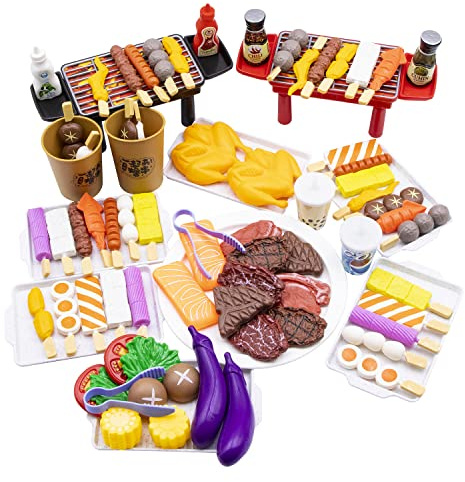 Zhongren 80 st BBQ låtsaslek matset grillset leksak grill kök matlagningsverktyg rollspel leksaker för 3+ barn småbarn pojkar flickor jul födelsedagspresenter