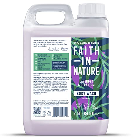 Faith In Nature Natural Lavender & Geranium Body Wash, Relaxing Shower Gel, Vegan & Cruelty Free, No SLS or Parabens, 2.5L Refill