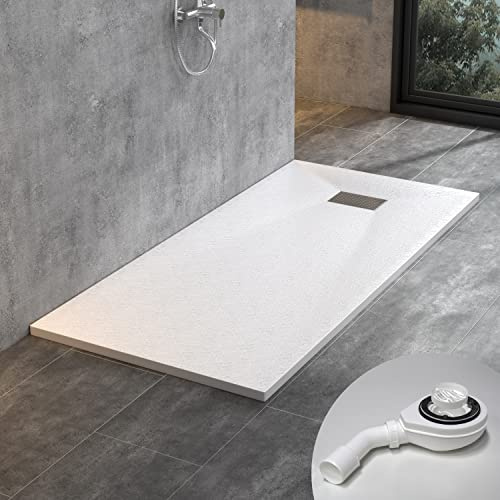 WITEN&NOCK SMC Duschwanne 160x90cm weiß Antirutsch Höhe 32mm inkl. Siphon | Superflach Duschtasse Steinoptik inkl. Edelstahl-Abflussrinne & Ø 90 mm Ablaufgarnitur, bruchfest, zuschneidbar, hygienisch
