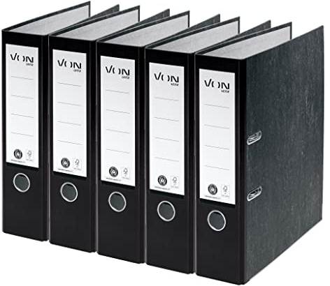 AV A4-mapp, 100% återvunnen kartong, för 600 ark, 80 mm rygg, klassiskt marmorerad, blå ängel och FSC-certifierad, för skola, studier och hem, av Leitz, svart, 5 stycken, 10531095