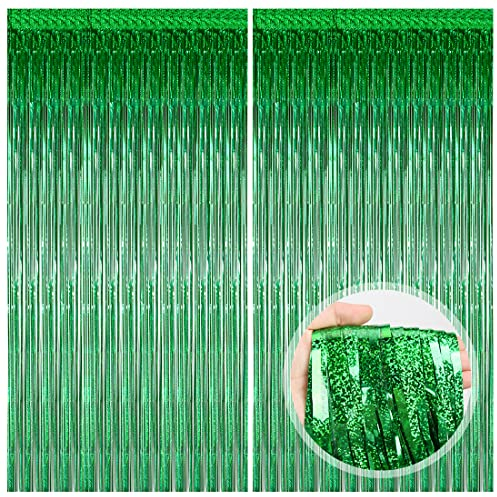 O-Kinee Lametta Vorhänge Grün Glitzer, 2 Stück Metallische Glitzervorhang Fringe 1m x 2m, Glitzer Tinsel Curtain, Folienfransen Vorhang für Weihnachtsbaum Geburtstage Festivals Party ​Bühnendekor