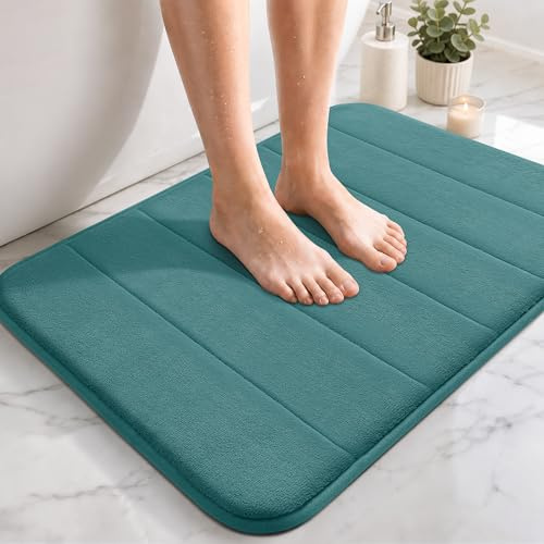 Yimobra Memory Foam Bath Mat 43 x 61 cm, Non Slip Bathroom Mat, Soft Absorbent Quick Dry Bath Rug, Machine Washable for Shower, Sink and Bathroom, Eggshell Blue