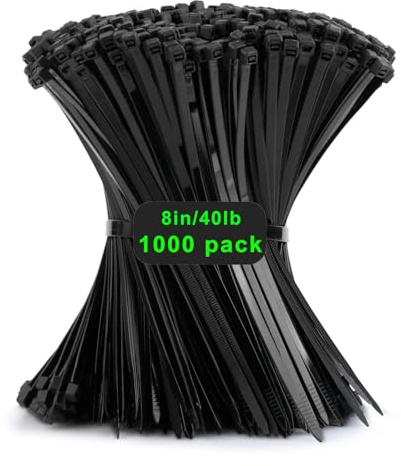 1000 pcs Cable Ties Black, 8 inch Zip Ties Nylon, 200 x 3.6 mm Industrial Tie Wraps UV-Resistant Self - Locking Zip Ties with Tensile Strength 40 lbs for Gardening, Workshop, Office and Outdoor