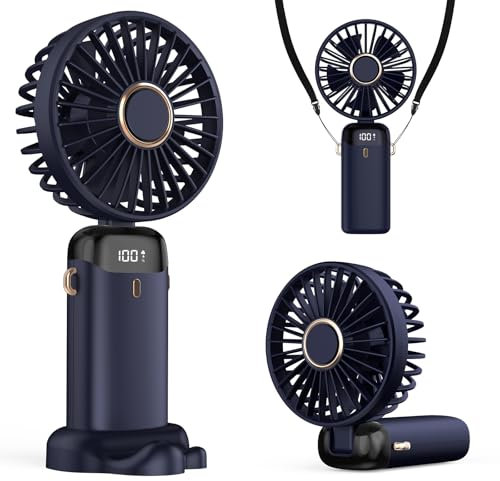 Refluxe Portable Handheld Fan, 4200mAh USB Fan with LED Display, 3-in-1 Handheld/Neck/Desktop Fan, 90° Adjustable Foldable, for Summer, Office, Bedroom, Travel, Gifts for Adult & Kid (Dark Blue)