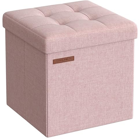 SONGMICS Aufbewahrungshocker, faltbar, 30 x 30 cm, belastbar bis 130 kg | Würfelförmiger Fußhocker mit Aufbewahrung, klein, Gelee-Rosa und Tintenschwarz, MINOTA Kollektion LSF028R01