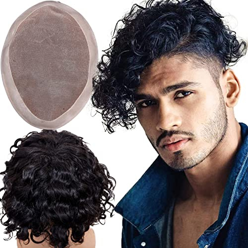Lishy Curly Toupee for Men 10”x7” European Virgin Human Hair Replacement Systems Men’s Hairpiece Mono Lace Top with Sturdy PU Around Medium Light Density 1B Black Color