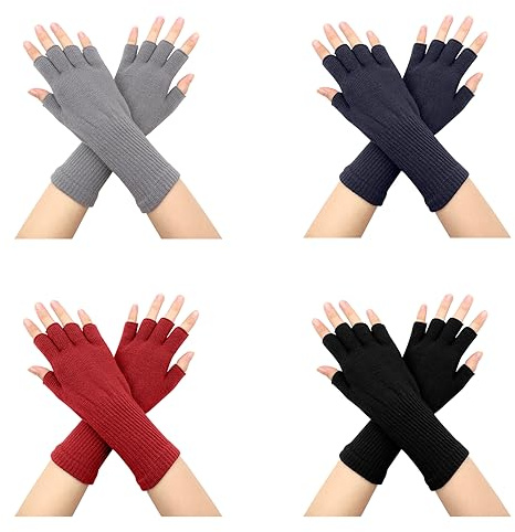 VEGCOO Mitaines Femme Homme, 4 Paires de Gants Tricotés Hiver Demi-doigt pour Femme et Homme