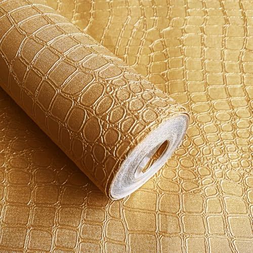 Gold Crocodile Textured 3D Luxury Wallpaper - 17.7'' x 236.3'' Waterproof Removable Art Deco Mural for Bedroom