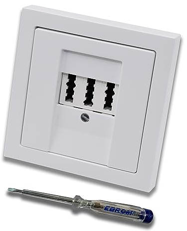 Busch Jäger Set: Unterputz Telefondose von EBROM, TAE 3x6 NFN für 1 Telefon und 2 Zusatzgeräte in Future Linear Studioweiß, Rahmen inkl. EBROM Phasenprüfer zur Montage des Geräts