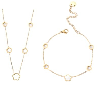 BKEPDY Blumen Schmuckset Perlmutt Halskette Armband Kombination Damen Schmuck Elegant Zart Kette Accessoires