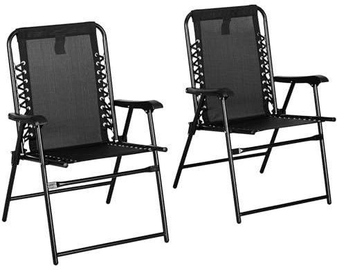 Outsunny Set of 2 Patio Folding Chair Set, Garden Portable Outdoor Chairs with Armrest and Breathable Mesh Fabric Seat and Backrest, for Camping, Beach, Deck, Lawn, Black