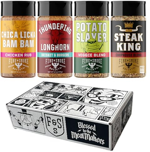 Fire & Smoke Society Meat & Potatoes Seasoning Variety Pack | BBQ Rubs, Gifts for Men, Father's Day Gifts | Steak Rub, Chicken, Burger Seasoning, Brisket Rub| Large Spices Set (4-Pack)
