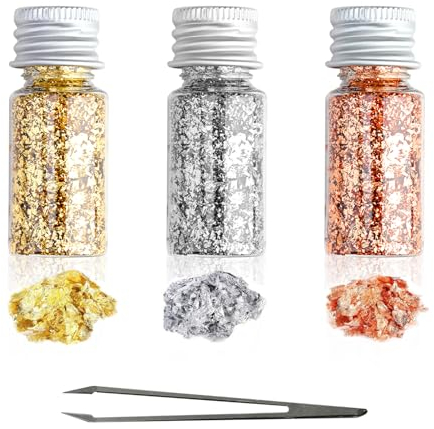 3 Bottiglie Foglia Oro Decorazione con Pinzetta, Foglia Oro Alimentare, Decorativi Film Carta Oro Imitazione, per Decorazioni Stampa a Caldo Artigianale, Manicure e Fai-Da-Te (oro/oro rosa/argento)