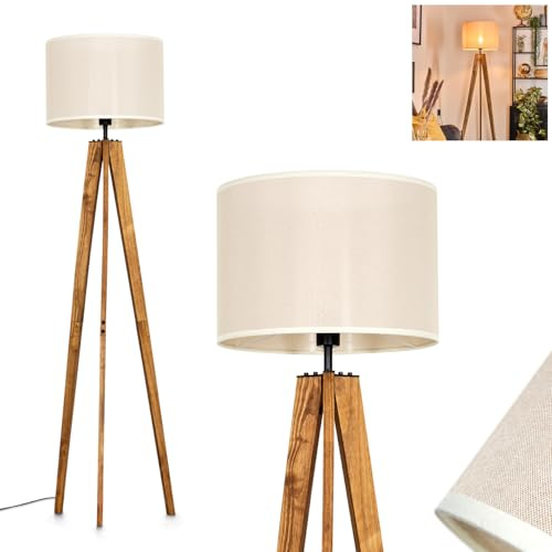 Stehleuchte Bassagoda, Stehlampe aus Holz/Metall/Stoff in Natur/Schwarz/Beige, Leuchte im skandinavischen Design mit Schirm aus Stoff (Ø 40 cm) u. Fußschalter, Höhe 161 cm, 1 x E27, ohne Leuchtmittel
