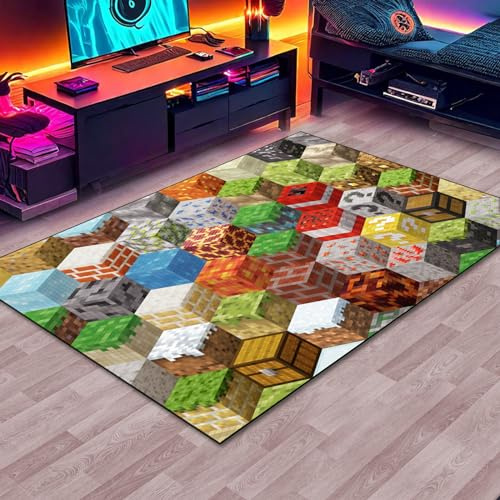 Block-Spiel-Teppich für Teenager, Jungen, Teppich mit Pixel-Spielelementen, Dekorationsmatte, Würfel-Block-Spielteppiche für Jungen-Schlafzimmer, Wohnzimmer, Spielzimmer, rutschfeste